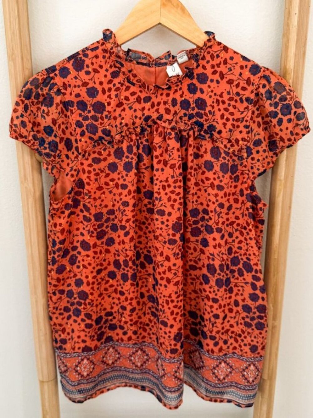 Joie Floral Print Ruffle Mock Neck Blouse Coral Navy Short Sleeve Top Medium